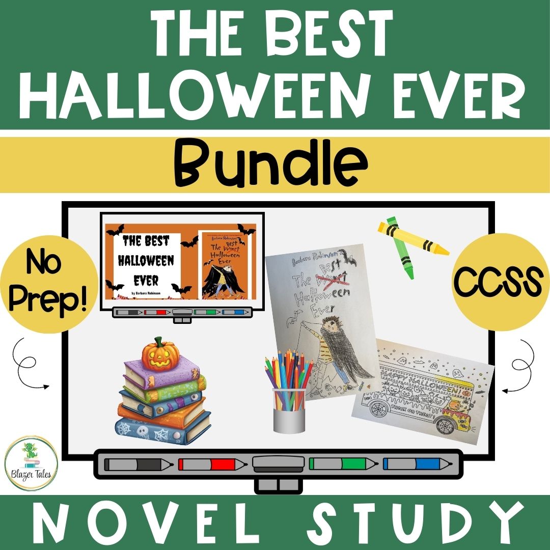 This is a Novel Study PowerPoint and Coloring Sheets Bundle for The Best Halloween Ever by Barbara Robinson via www.blazertales.com